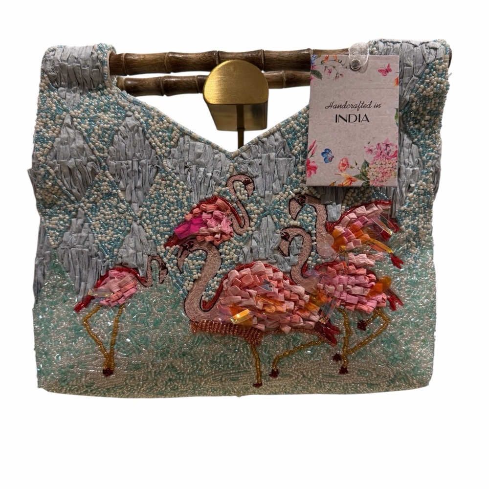 Handcrafted in India Flamingo Beaded/Embellished Handbag with bamboo handles